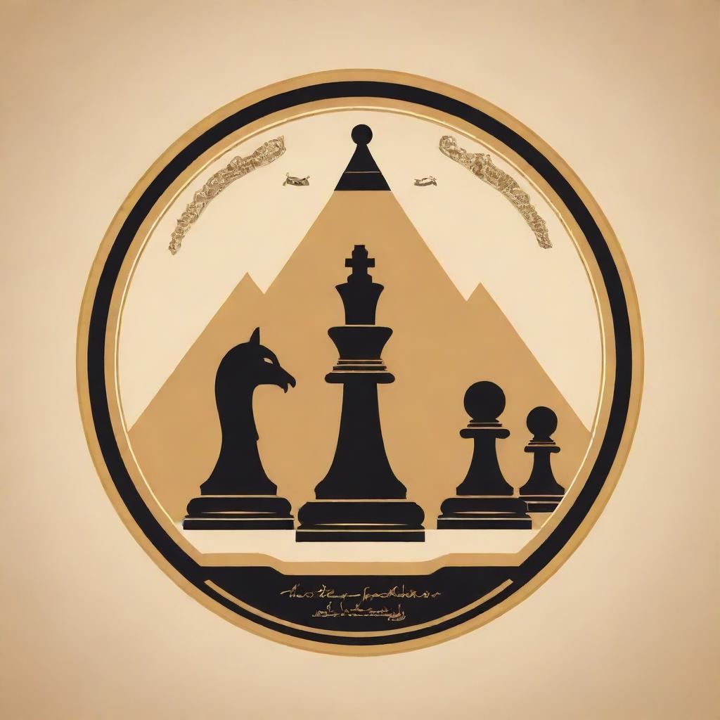 A logo for the Egyptian Chess Federation Coaches. Featuring Egyptian themes, like pyramids and hieroglyphs, with chess pieces and a competitive spirit.