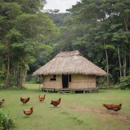 A traditional Filipino nipa hut ('bahay kubo') situated in the heart of a verdant field, surrounded by trees. Nearby is a leisurely carabao, free-ranging chickens, jovial kids engaged in playful activities and a diligent mother tidying the area outside the hut.