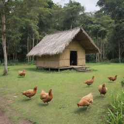 A traditional Filipino nipa hut ('bahay kubo') situated in the heart of a verdant field, surrounded by trees. Nearby is a leisurely carabao, free-ranging chickens, jovial kids engaged in playful activities and a diligent mother tidying the area outside the hut.