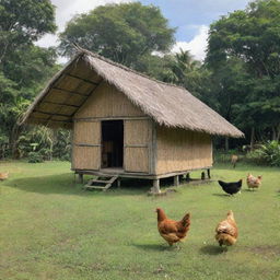 A traditional Filipino nipa hut ('bahay kubo') situated in the heart of a verdant field, surrounded by trees. Nearby is a leisurely carabao, free-ranging chickens, jovial kids engaged in playful activities and a diligent mother tidying the area outside the hut.