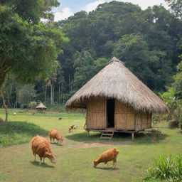 A traditional Filipino nipa hut ('bahay kubo') situated in the heart of a verdant field, surrounded by trees. Nearby is a leisurely carabao, free-ranging chickens, jovial kids engaged in playful activities and a diligent mother tidying the area outside the hut.