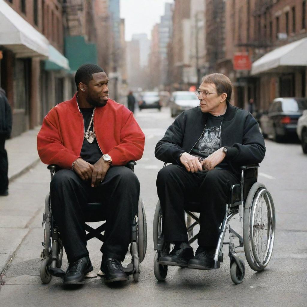 A detailed scene from 'Get Rich or Die Tryin' set in the urban context of 2000's New York. Depict 50 Cent, fit and healthy, in his prime, alongside a modernized depiction of Stephen Hawking in his wheelchair, both immersed in a deep, compelling conversation.