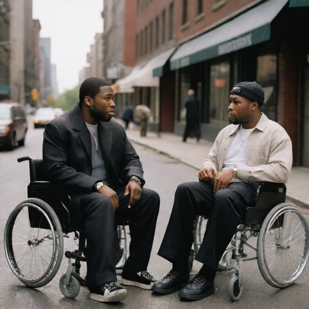 A detailed scene from 'Get Rich or Die Tryin' set in the urban context of 2000's New York. Depict 50 Cent, fit and healthy, in his prime, alongside a modernized depiction of Stephen Hawking in his wheelchair, both immersed in a deep, compelling conversation.