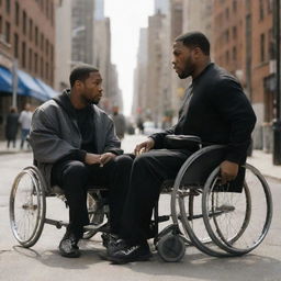 A detailed scene from 'Get Rich or Die Tryin' set in the urban context of 2000's New York. Depict 50 Cent, fit and healthy, in his prime, alongside a modernized depiction of Stephen Hawking in his wheelchair, both immersed in a deep, compelling conversation.