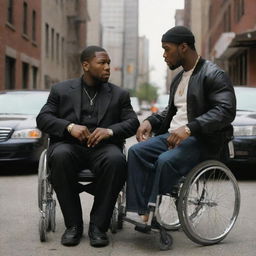 A detailed scene from 'Get Rich or Die Tryin' set in the urban context of 2000's New York. Depict 50 Cent, fit and healthy, in his prime, alongside a modernized depiction of Stephen Hawking in his wheelchair, both immersed in a deep, compelling conversation.