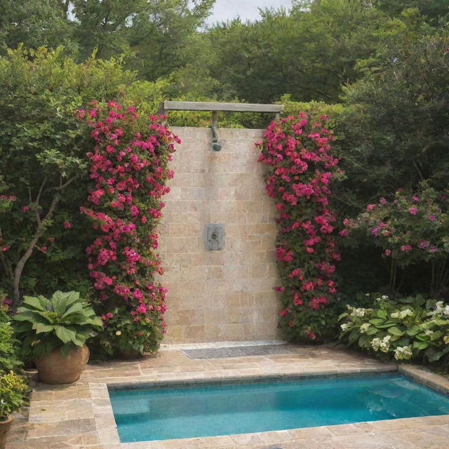 An outdoor shower adorned with vibrant, blooming flowers adjacent to a pristine swimming pool.