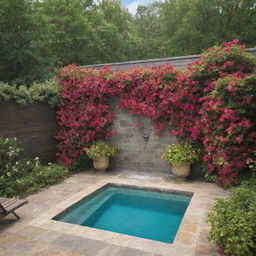 An outdoor shower adorned with vibrant, blooming flowers adjacent to a pristine swimming pool.