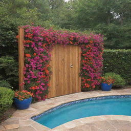 An outdoor shower adorned with vibrant, blooming flowers adjacent to a pristine swimming pool.