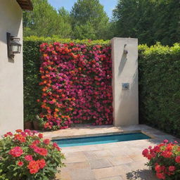 An outdoor shower adorned with vibrant, blooming flowers adjacent to a pristine swimming pool.