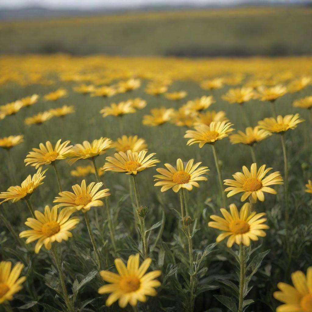 Hyper-realistic, ultra-detailed photograph of a beautiful field of yellow daisies, with a savanna perched on a hill in the center, captured under natural light. Mimic the clarity of a shot taken with a Sony Alpha a9 II and Sony FE 200-600mm f/5.6-6.3 G OSS lens.