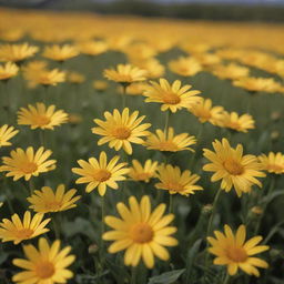 Hyper-realistic, ultra-detailed photograph of a beautiful field of yellow daisies, with a savanna perched on a hill in the center, captured under natural light. Mimic the clarity of a shot taken with a Sony Alpha a9 II and Sony FE 200-600mm f/5.6-6.3 G OSS lens.