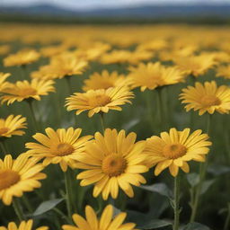 Hyper-realistic, ultra-detailed photograph of a beautiful field of yellow daisies, with a savanna perched on a hill in the center, captured under natural light. Mimic the clarity of a shot taken with a Sony Alpha a9 II and Sony FE 200-600mm f/5.6-6.3 G OSS lens.