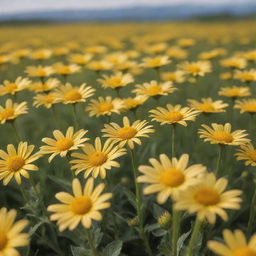 Hyper-realistic, ultra-detailed photograph of a beautiful field of yellow daisies, with a savanna perched on a hill in the center, captured under natural light. Mimic the clarity of a shot taken with a Sony Alpha a9 II and Sony FE 200-600mm f/5.6-6.3 G OSS lens.