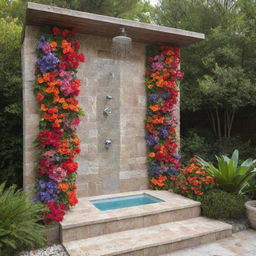 More views and details of an outdoor shower embellished with colorful flowers near a crystal clear swimming pool.