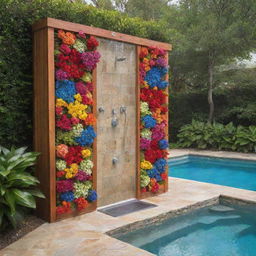 More views and details of an outdoor shower embellished with colorful flowers near a crystal clear swimming pool.