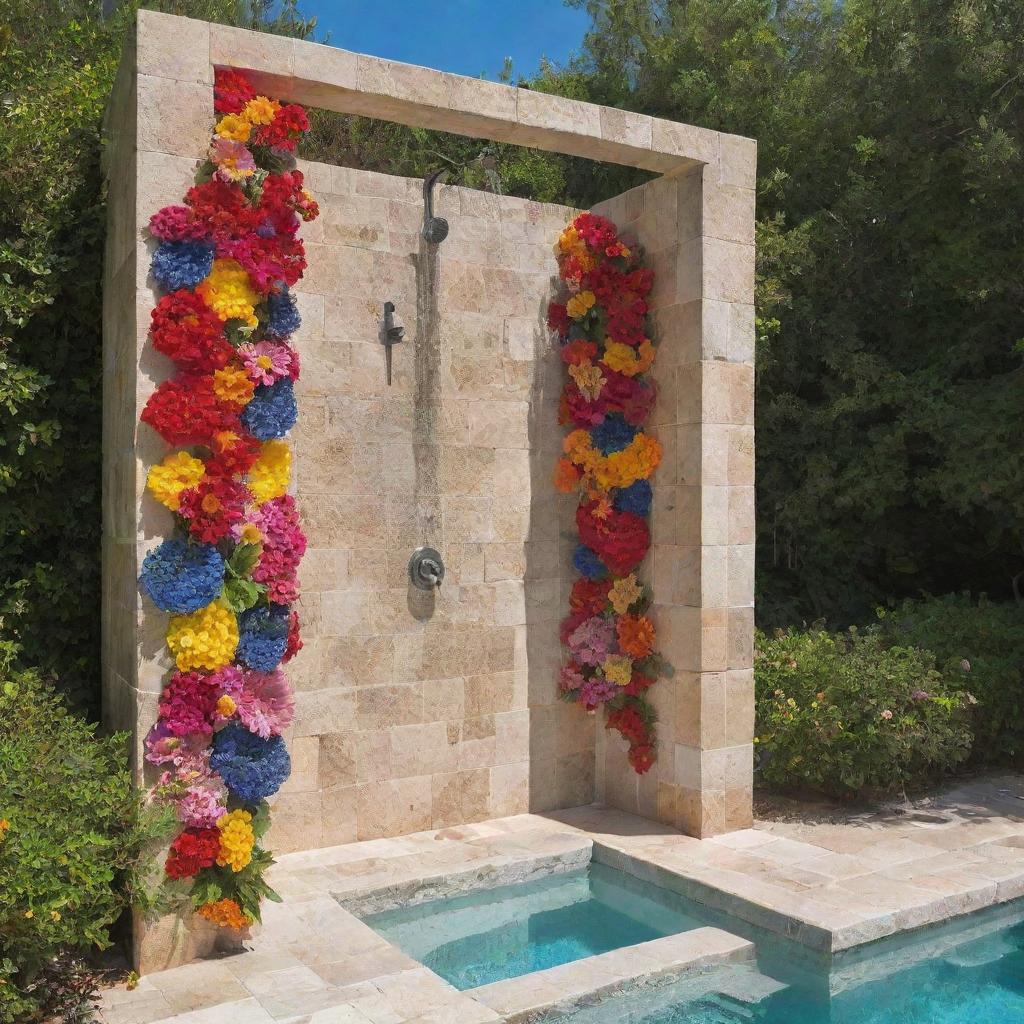 More views and details of an outdoor shower embellished with colorful flowers near a crystal clear swimming pool.