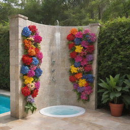 More views and details of an outdoor shower embellished with colorful flowers near a crystal clear swimming pool.