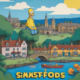 A vibrant poster in the colorful, cartoonish style of The Simpsons, promoting Thetford, Norfolk UK. Feature notorious landmarks such as the Ancient House Museum, Thetford Forest, and the statue of Thomas Paine, splashed against a Simpsons-style skyline.