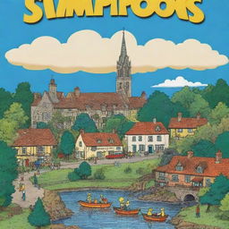 A vibrant poster in the colorful, cartoonish style of The Simpsons, promoting Thetford, Norfolk UK. Feature notorious landmarks such as the Ancient House Museum, Thetford Forest, and the statue of Thomas Paine, splashed against a Simpsons-style skyline.