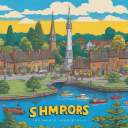 A vibrant poster in the colorful, cartoonish style of The Simpsons, promoting Thetford, Norfolk UK. Feature notorious landmarks such as the Ancient House Museum, Thetford Forest, and the statue of Thomas Paine, splashed against a Simpsons-style skyline.