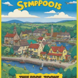 A vibrant poster in the colorful, cartoonish style of The Simpsons, promoting Thetford, Norfolk UK. Feature notorious landmarks such as the Ancient House Museum, Thetford Forest, and the statue of Thomas Paine, splashed against a Simpsons-style skyline.