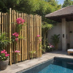 More images featuring an outdoor bamboo shower, with vibrant flowers, located next to a serene swimming pool.