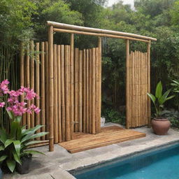 More images featuring an outdoor bamboo shower, with vibrant flowers, located next to a serene swimming pool.