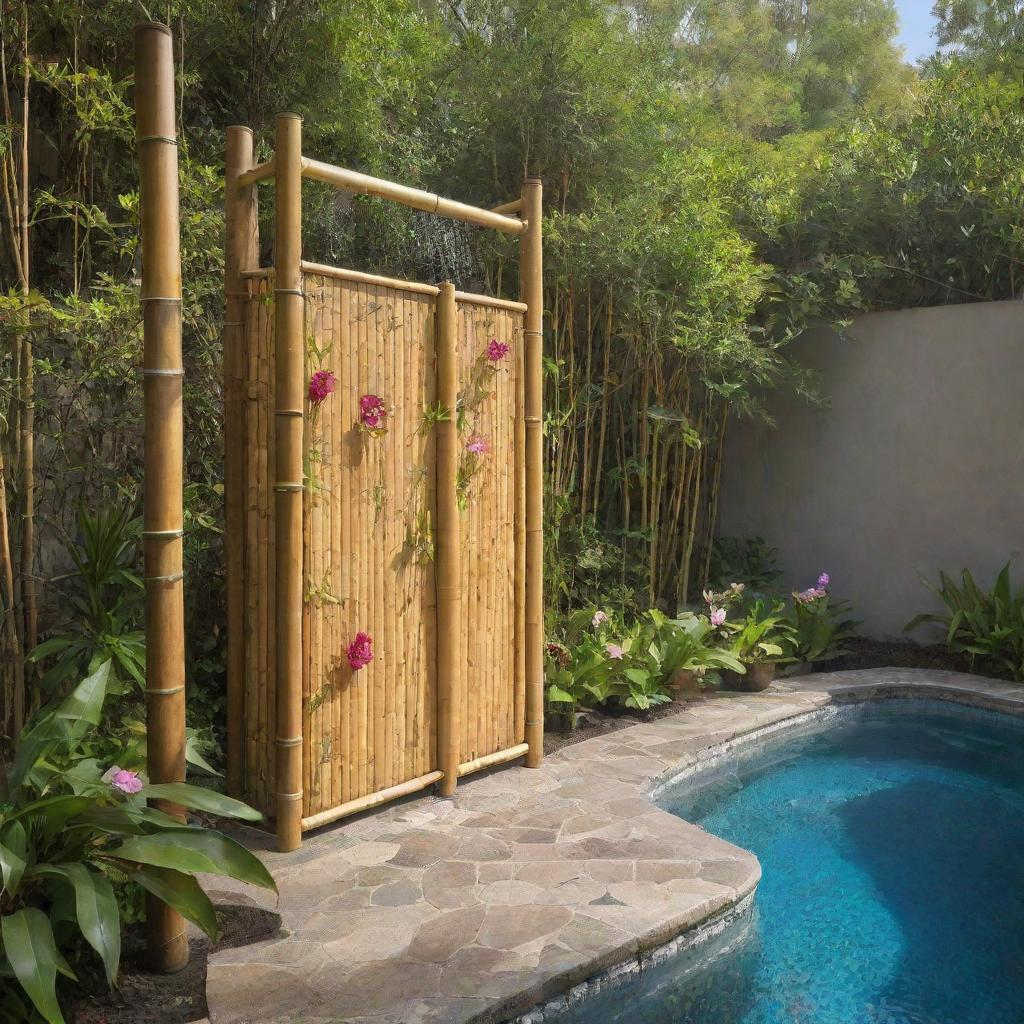 More images featuring an outdoor bamboo shower, with vibrant flowers, located next to a serene swimming pool.