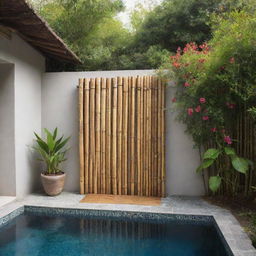 More images featuring an outdoor bamboo shower, with vibrant flowers, located next to a serene swimming pool.