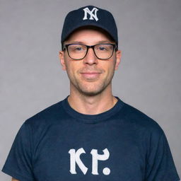 A 33-year-old man wearing glasses and a mask, adorned with a baseball cap, and styled in a shirt with 'DNR' written on it.