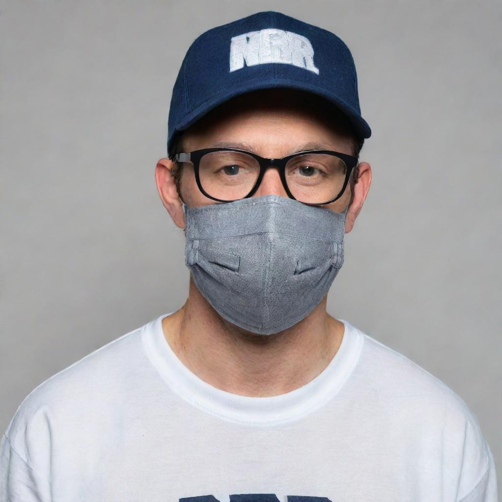 A 33-year-old man wearing glasses and a mask, adorned with a baseball cap, and styled in a shirt with 'DNR' written on it.