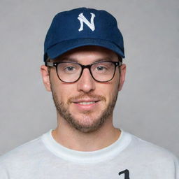 A 33-year-old man wearing glasses and a mask, adorned with a baseball cap, and styled in a shirt with 'DNR' written on it.