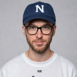 A 33-year-old man wearing glasses and a mask, adorned with a baseball cap, and styled in a shirt with 'DNR' written on it.