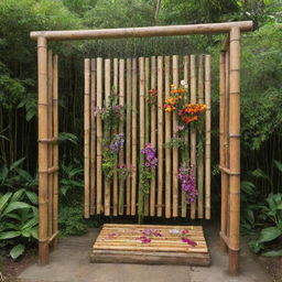 An open-air shower made from bamboo, adorned with assorted, colorful flowers.