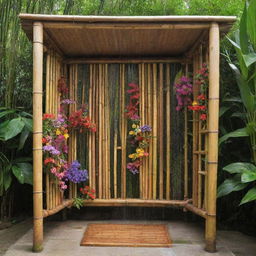 An open-air shower made from bamboo, adorned with assorted, colorful flowers.