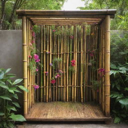 An open-air shower made from bamboo, adorned with assorted, colorful flowers.