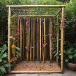 An open-air shower made from bamboo, adorned with assorted, colorful flowers.