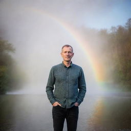 A portrait of Derek Killaspy in a serene setting, surrounded by a fine water mist that refracts light to create a stunning rainbow effect.