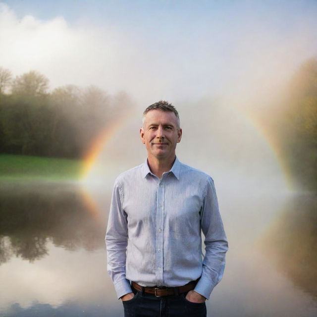 A portrait of Derek Killaspy in a serene setting, surrounded by a fine water mist that refracts light to create a stunning rainbow effect.