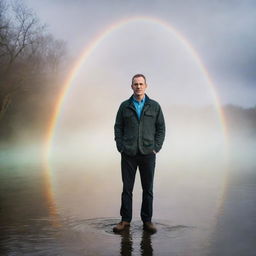 A portrait of Derek Killaspy in a serene setting, surrounded by a fine water mist that refracts light to create a stunning rainbow effect.