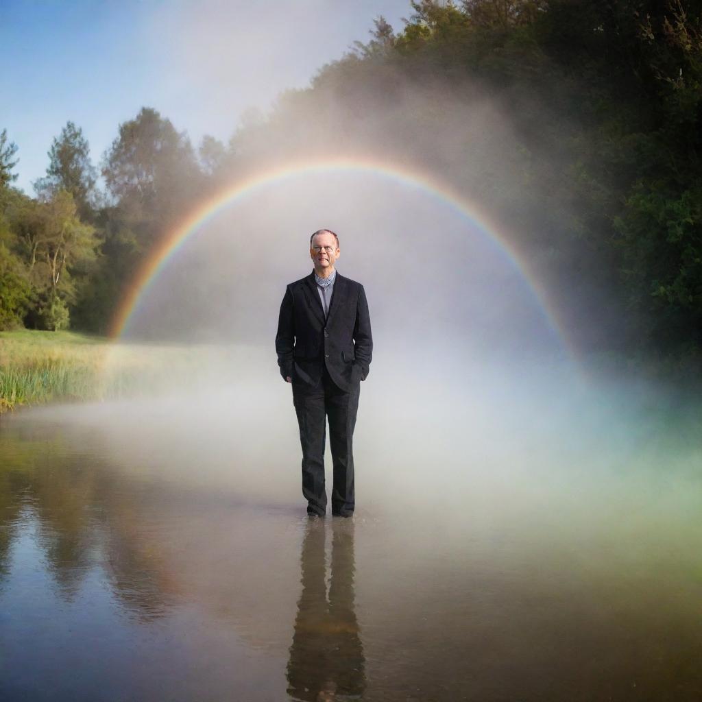 A portrait of Derek Killaspy in a serene setting, surrounded by a fine water mist that refracts light to create a stunning rainbow effect.