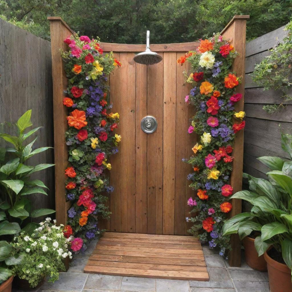 A uniquely creative outdoor shower design, adorned with a variety of vibrant flowers.