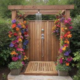 A uniquely creative outdoor shower design, adorned with a variety of vibrant flowers.