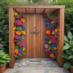 A uniquely creative outdoor shower design, adorned with a variety of vibrant flowers.