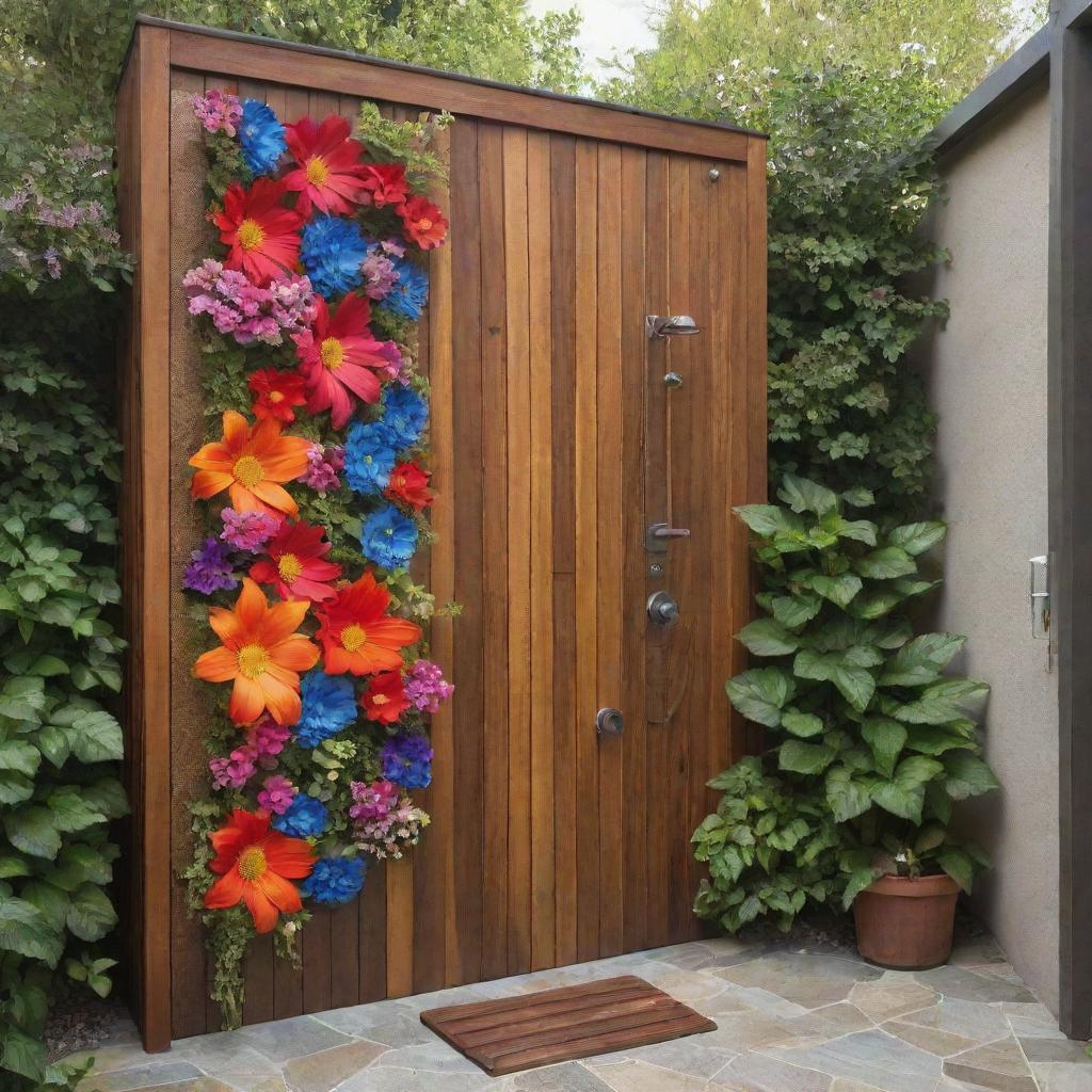 A uniquely creative outdoor shower design, adorned with a variety of vibrant flowers.