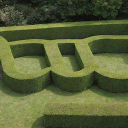 A lush green garden where the bushes are meticulously pruned to form the letters 'D', 'N', and 'R'.