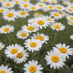 Hyper realistic photograph of a beautiful field of yellow daisies under a white savannah sky, shot with a Sony Alpha a9 II and Sony FE 200-600mm f/5.6-6.3 G OSS lens in natural light for ultra details.