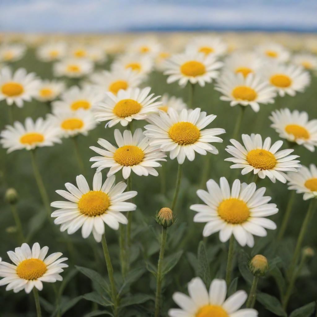 Hyper realistic photograph of a beautiful field of yellow daisies under a white savannah sky, shot with a Sony Alpha a9 II and Sony FE 200-600mm f/5.6-6.3 G OSS lens in natural light for ultra details.