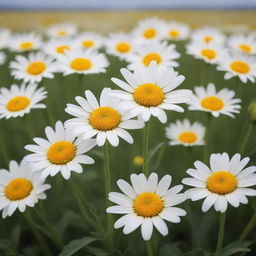 Hyper realistic photograph of a beautiful field of yellow daisies under a white savannah sky, shot with a Sony Alpha a9 II and Sony FE 200-600mm f/5.6-6.3 G OSS lens in natural light for ultra details.