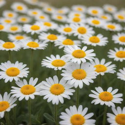 Hyper realistic photograph of a beautiful field of yellow daisies under a white savannah sky, shot with a Sony Alpha a9 II and Sony FE 200-600mm f/5.6-6.3 G OSS lens in natural light for ultra details.